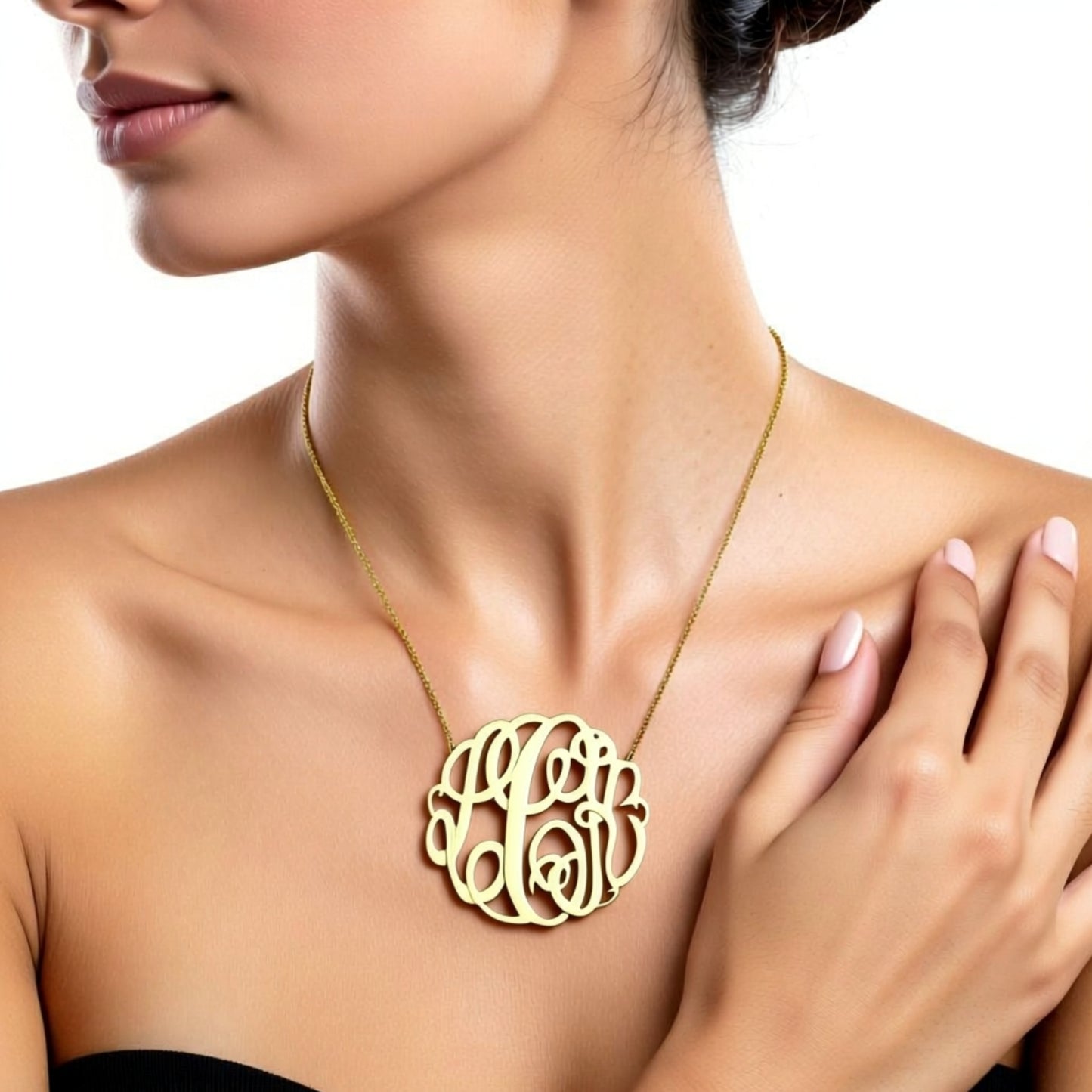 Gold Monogram Necklace - Big Slim on a person 2 inch