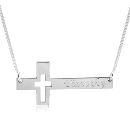 Engraved Cut Out Sideways Cross Necklace 3