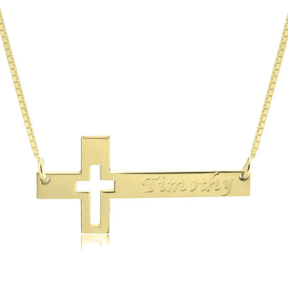 Engraved Cut Out Sideways Cross Necklace