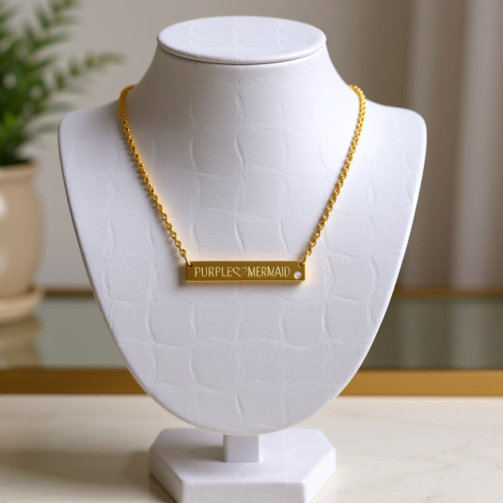 Engraved Gold Horizontal Bar Necklace with Birthstone