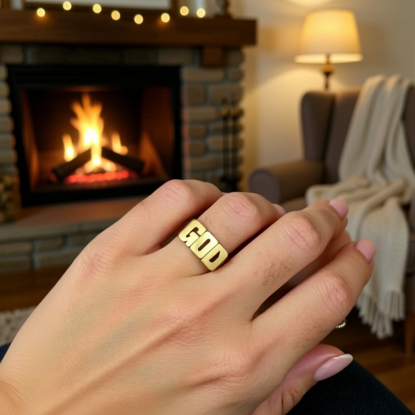 god name ring on a hand