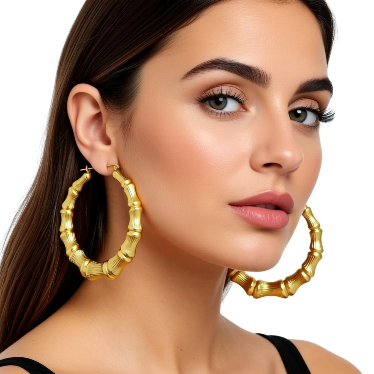 Gold Bamboo Hoop Earrings on a person