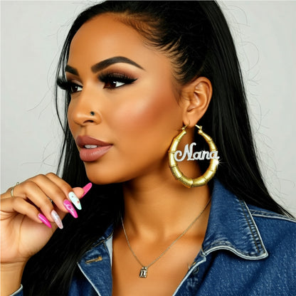 gold bamboo name hoop earrings