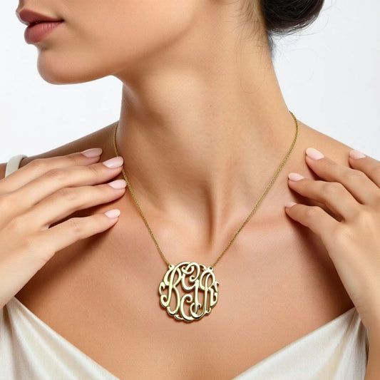 24K Gold Plated Fancy Script Monogram Necklace on a person