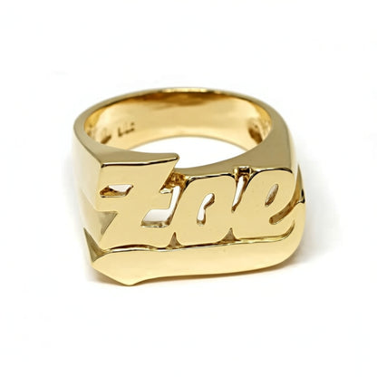 Gold Large Script Name Ring with Tail 14K