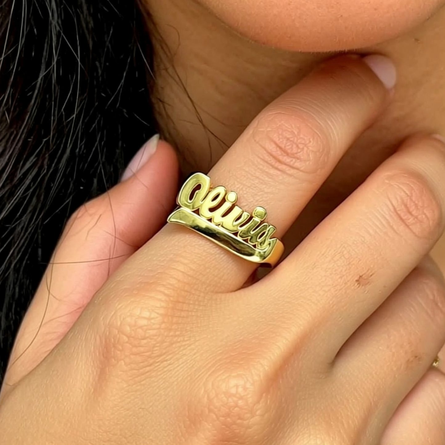 Gold Large Script Name Ring with Tail 9