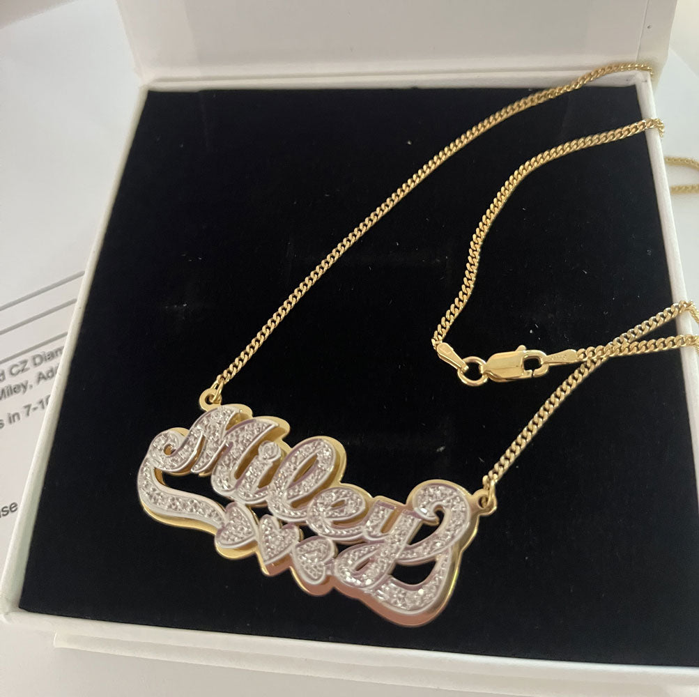3D Double Plated Full CZ Diamond Name Necklace w/ Cuban Chain – Be