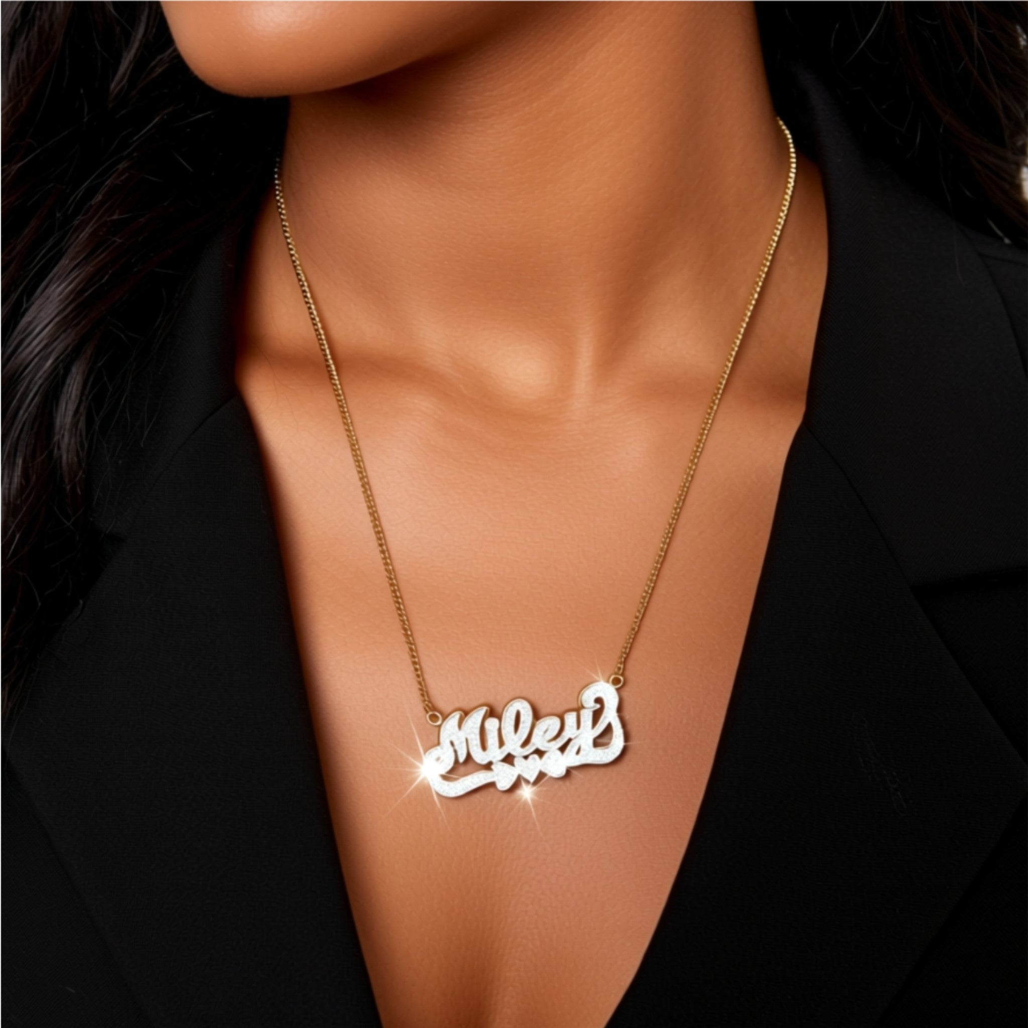 3D Double Plated Full CZ Diamond Name Necklace w/ Cuban Chain – Be