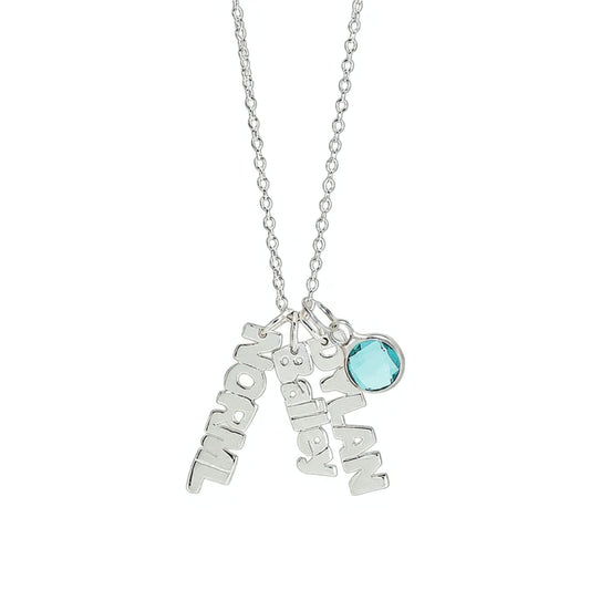 Silver Vertical Mini Nameplate Necklace with Birthstone