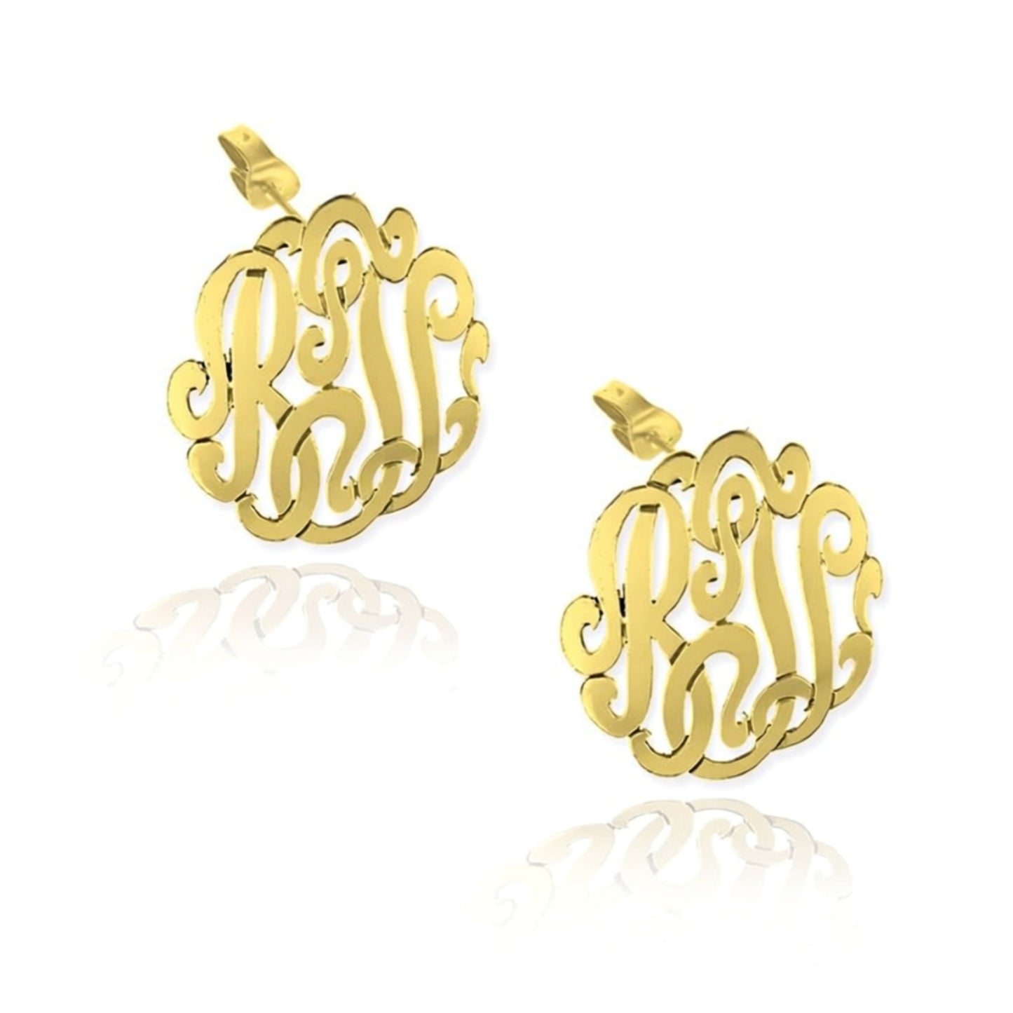 Gold monogram earrings on a white background