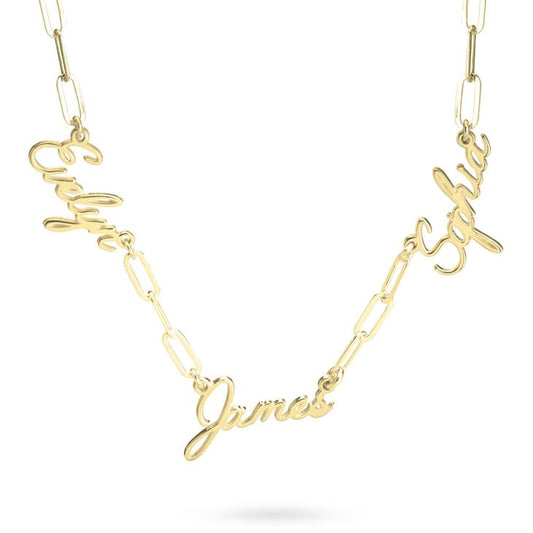 Script Multi Name Necklace on Paperclip Chain