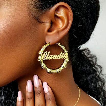 Classic Script Bamboo Name Earrings on a person