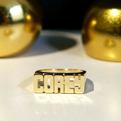 gold block name ring COREY