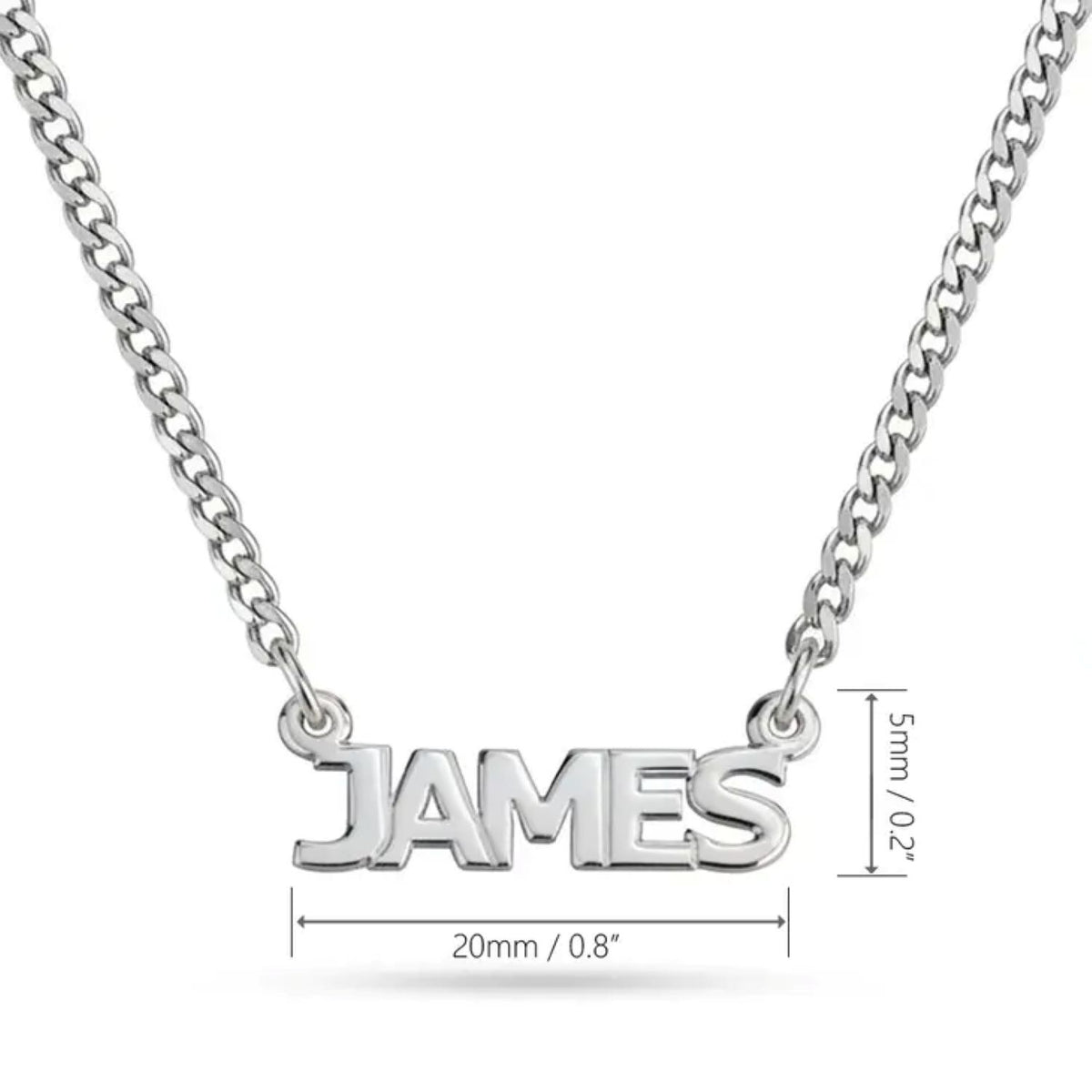 Silver nameplate necklace spelling 'JAMES' on a white background, with dimension annotations showing 20mm length and 5mm chain segment.