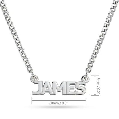 Silver nameplate necklace spelling 'JAMES' on a white background, with dimension annotations showing 20mm length and 5mm chain segment.