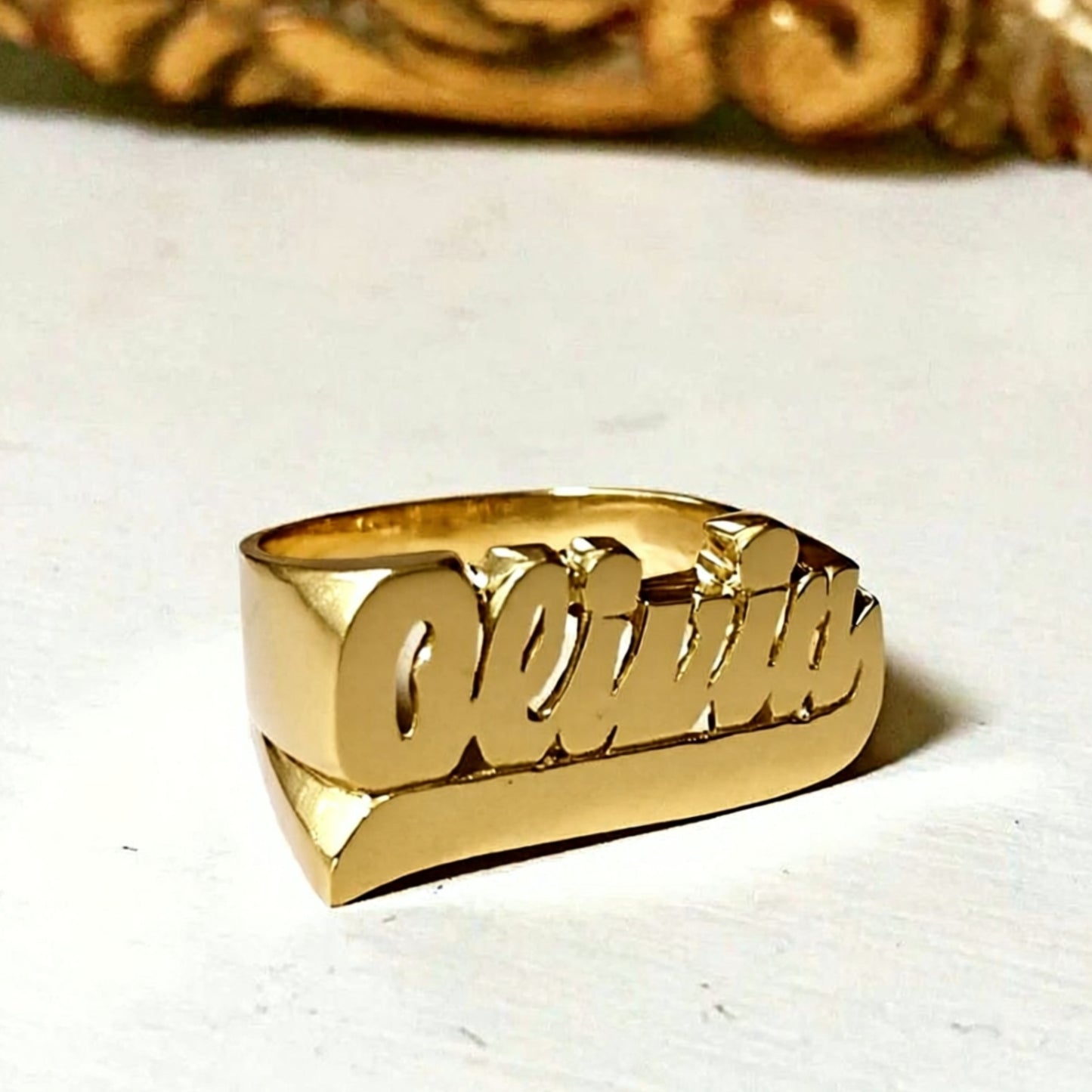 Gold Large Script Name Ring with Tail 10