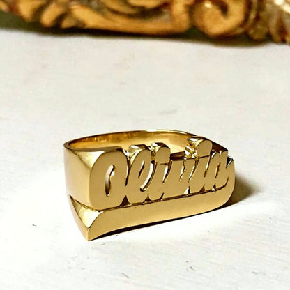 Gold Large Script Name Ring with Tail 10