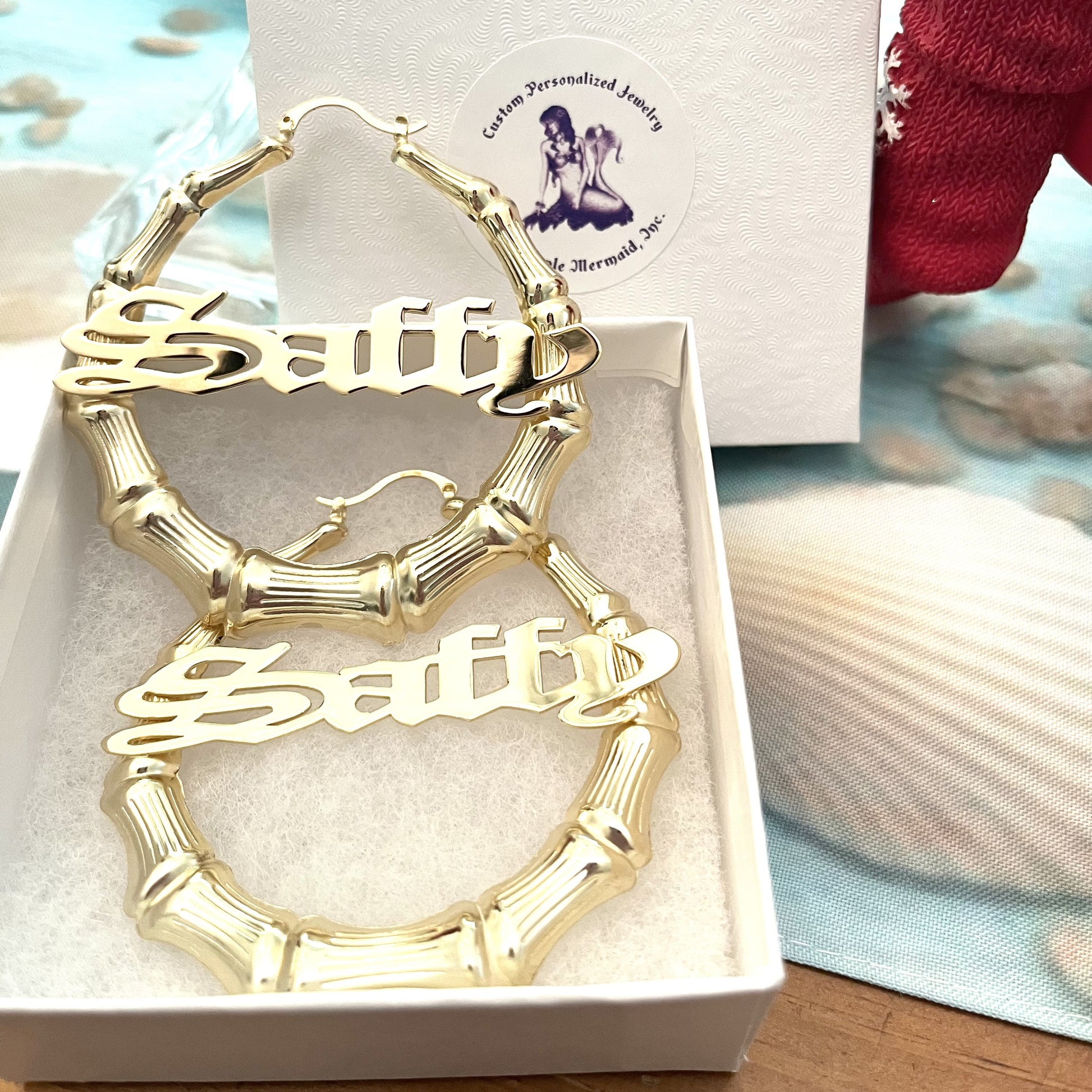 Name Earrings With Bamboo Hoops Custom Gothic Bamboo Hoop Name