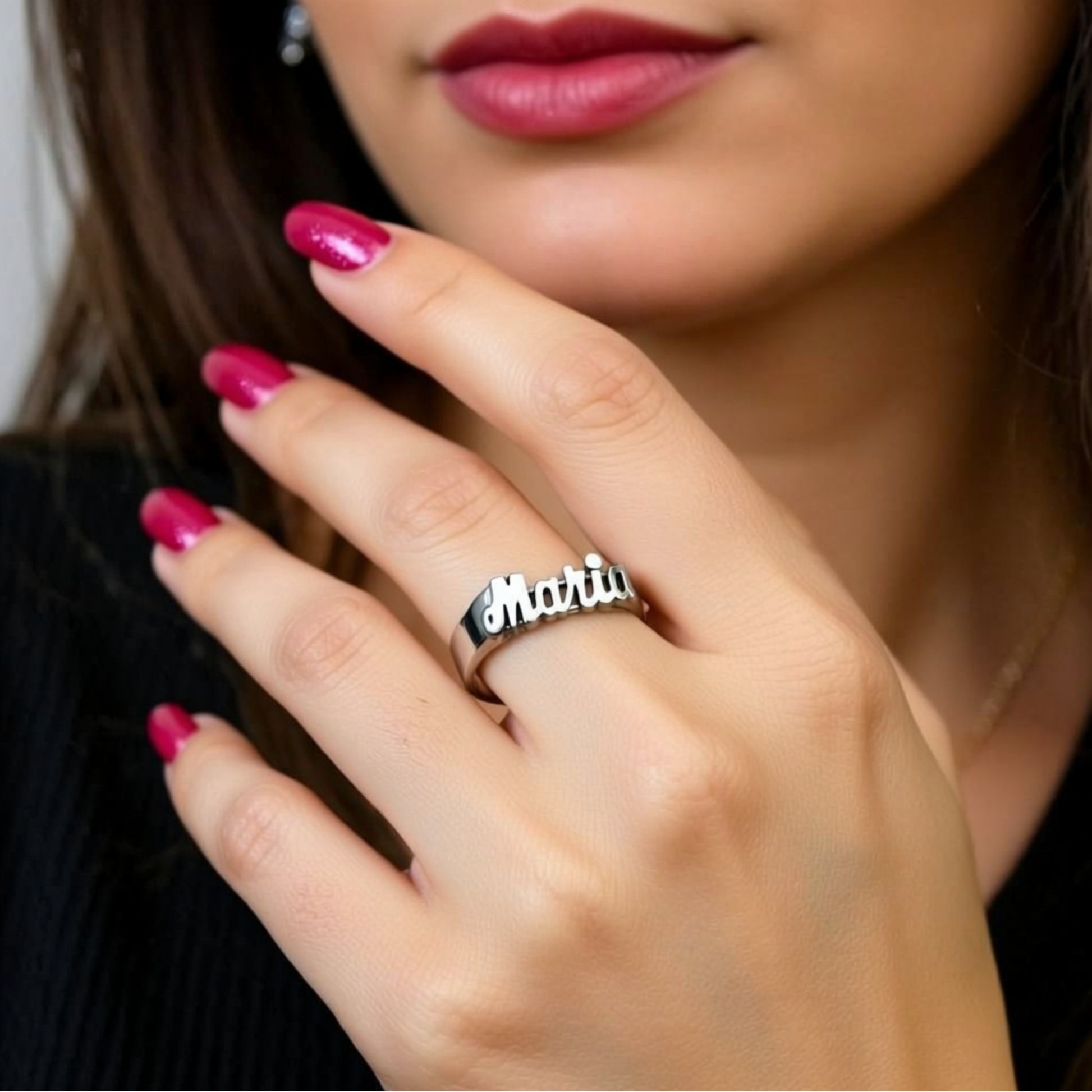Small Sterling Silver Script Name Ring - 6mm on a hand