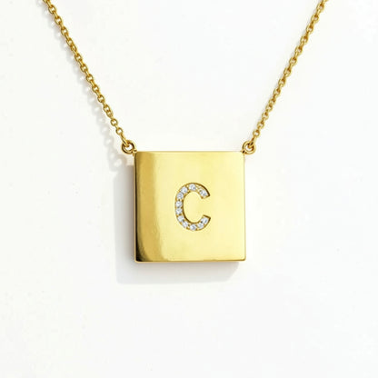 Square Gold Disc CZ Initial Necklace-Chelsea Handler 