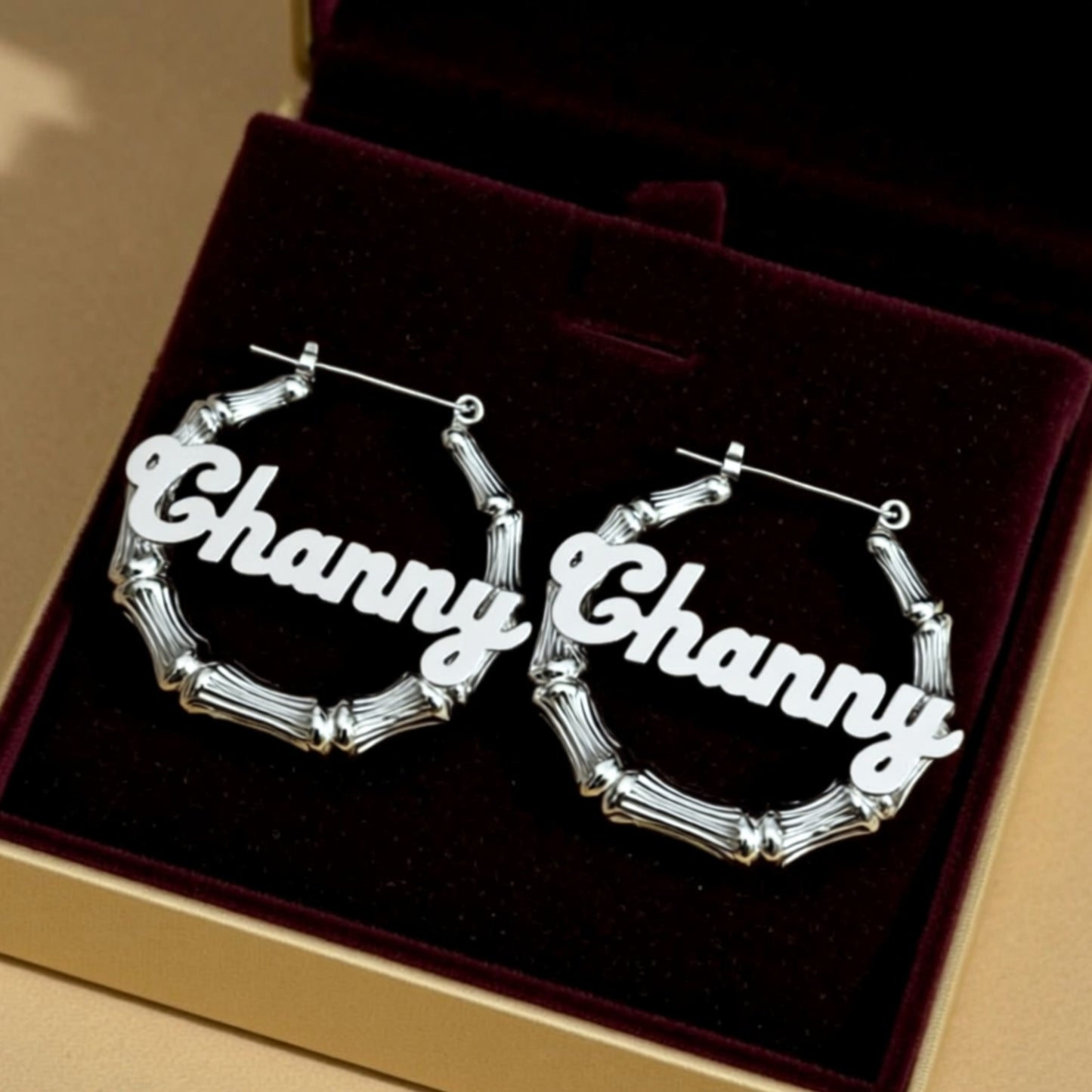 Sterling Silver Bamboo Name Hoop Earrings 2.36"