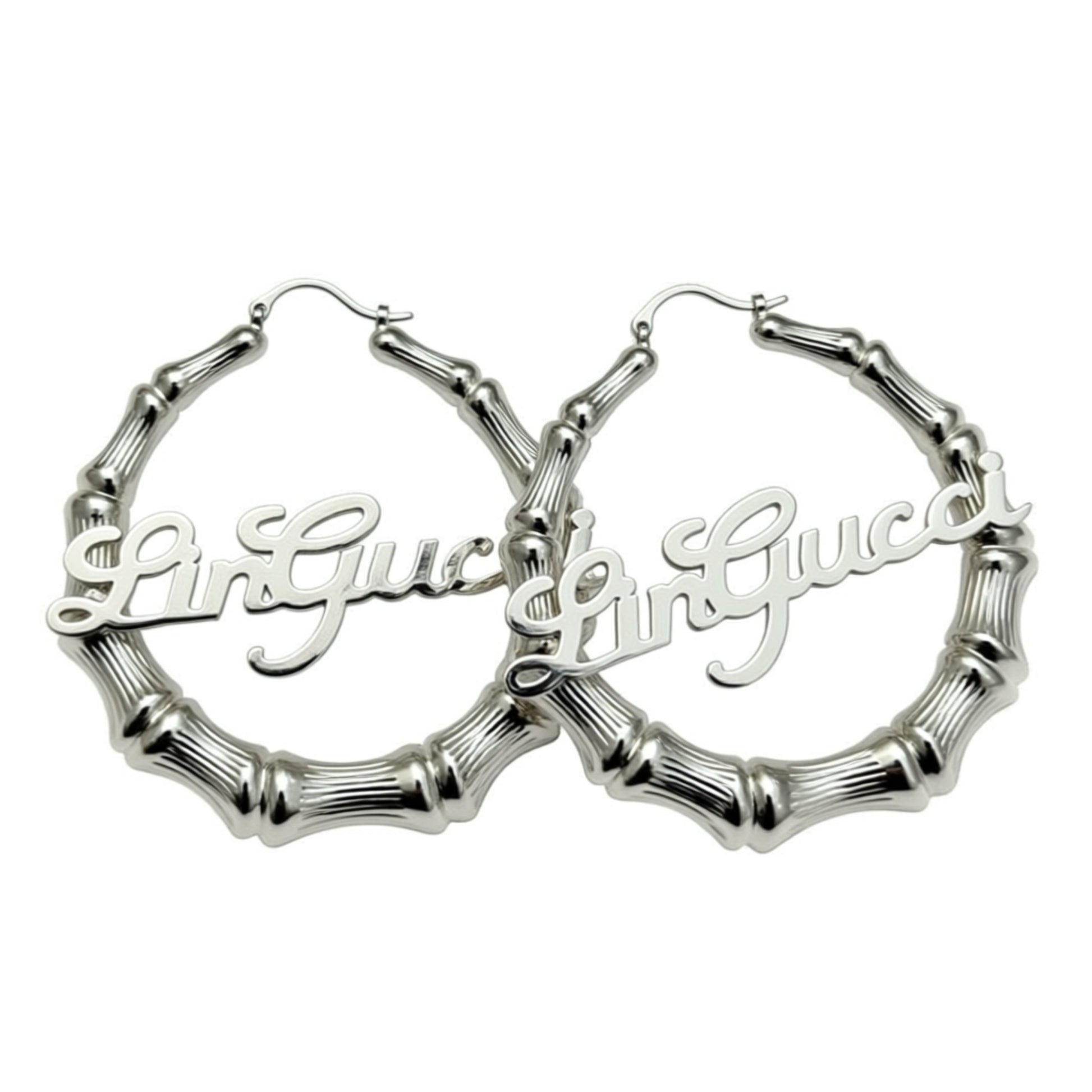 Silver Bamboo Name Hoop Earrings
