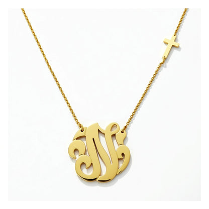 Gold Swirly Initial and Sideways Cross Necklace