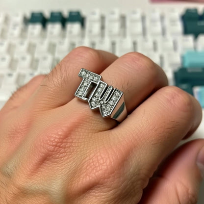 Large Block Diamond Initial Ring on a hand