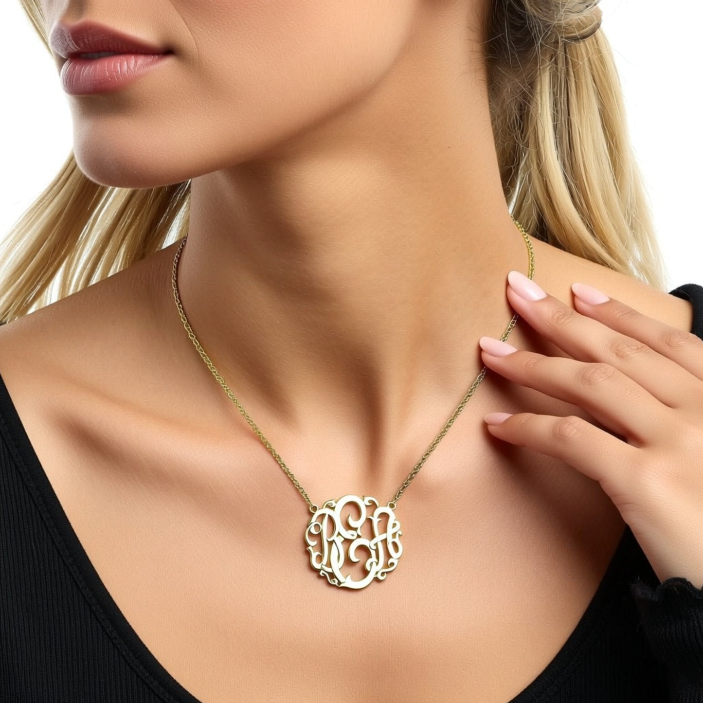 Personalized Vine Monogram Necklace on a person