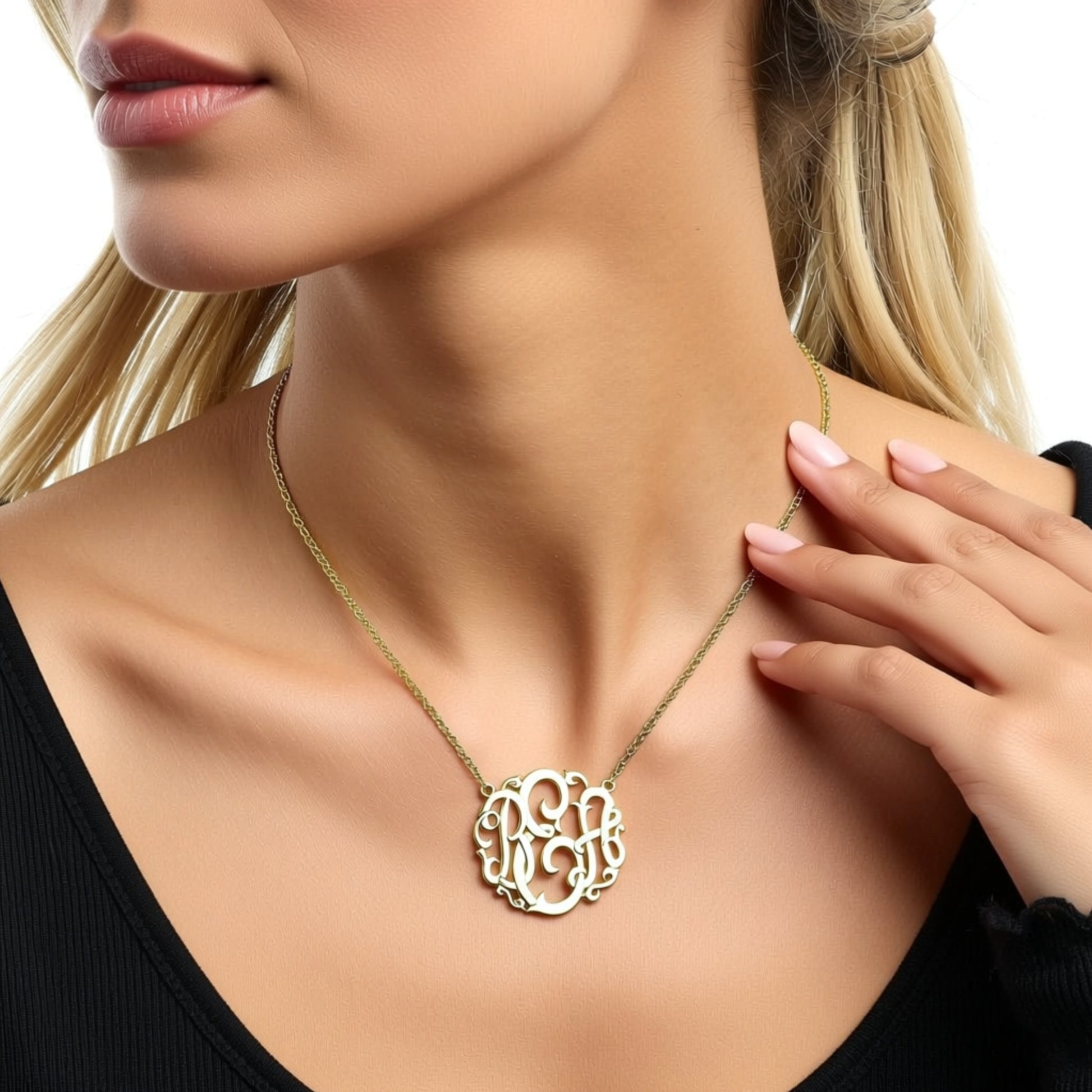 Personalized Vine Monogram Necklace on a person