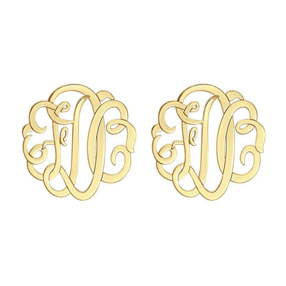 14K Solid Gold Script Monogram Stud Earrings