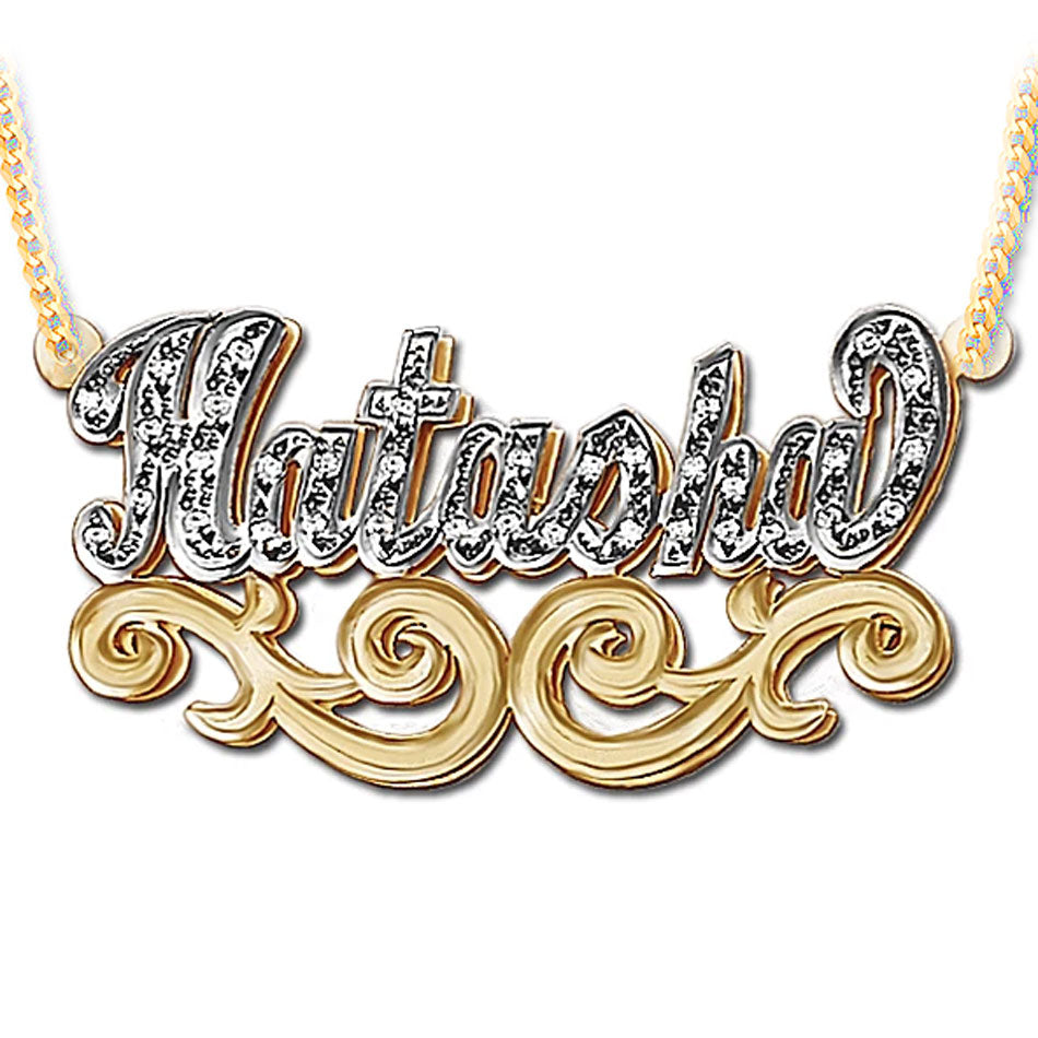 Gold 3D Double Plated CZ Nameplate Necklace with Scroll