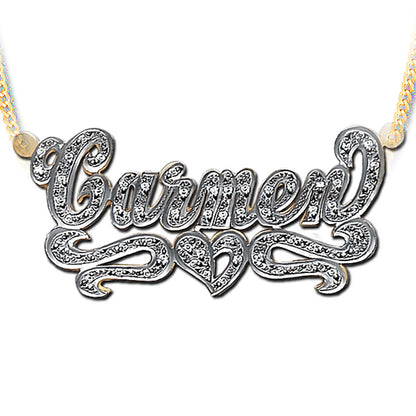 3D Double Plated CZ Nameplate Necklace with Heart