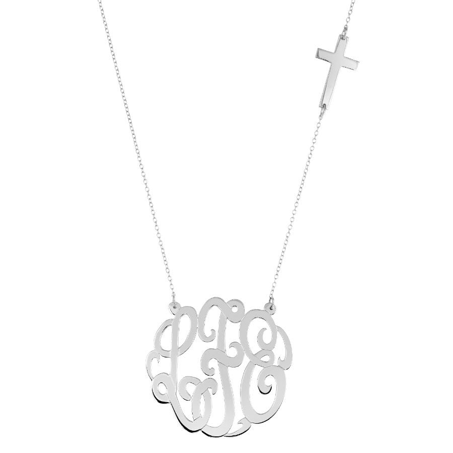 Silver Monogram With Sideways Cross Necklace