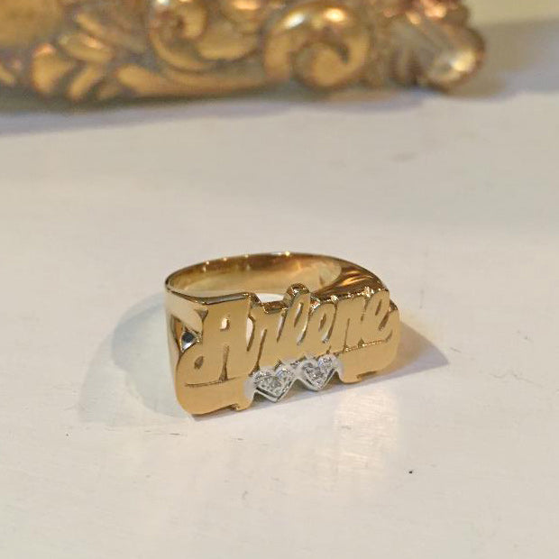 Gold Name Ring - Diamonds and Hearts 2