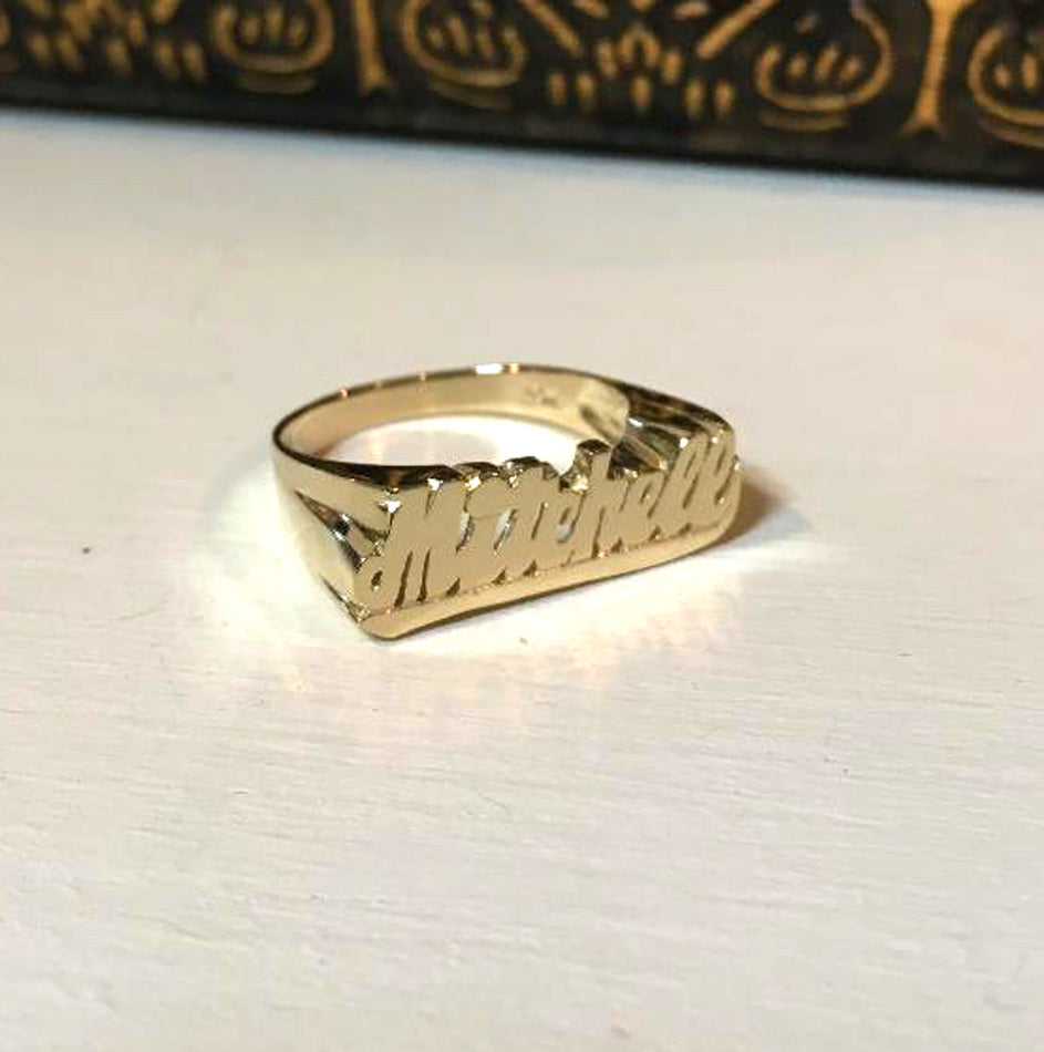 Small Script Gold Name Ring with Tail 3