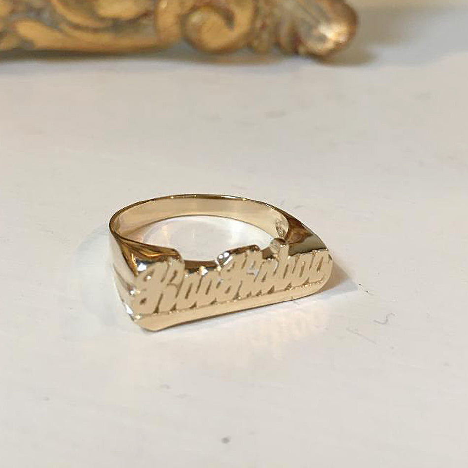 Small Script Gold Name Ring with Tail 2