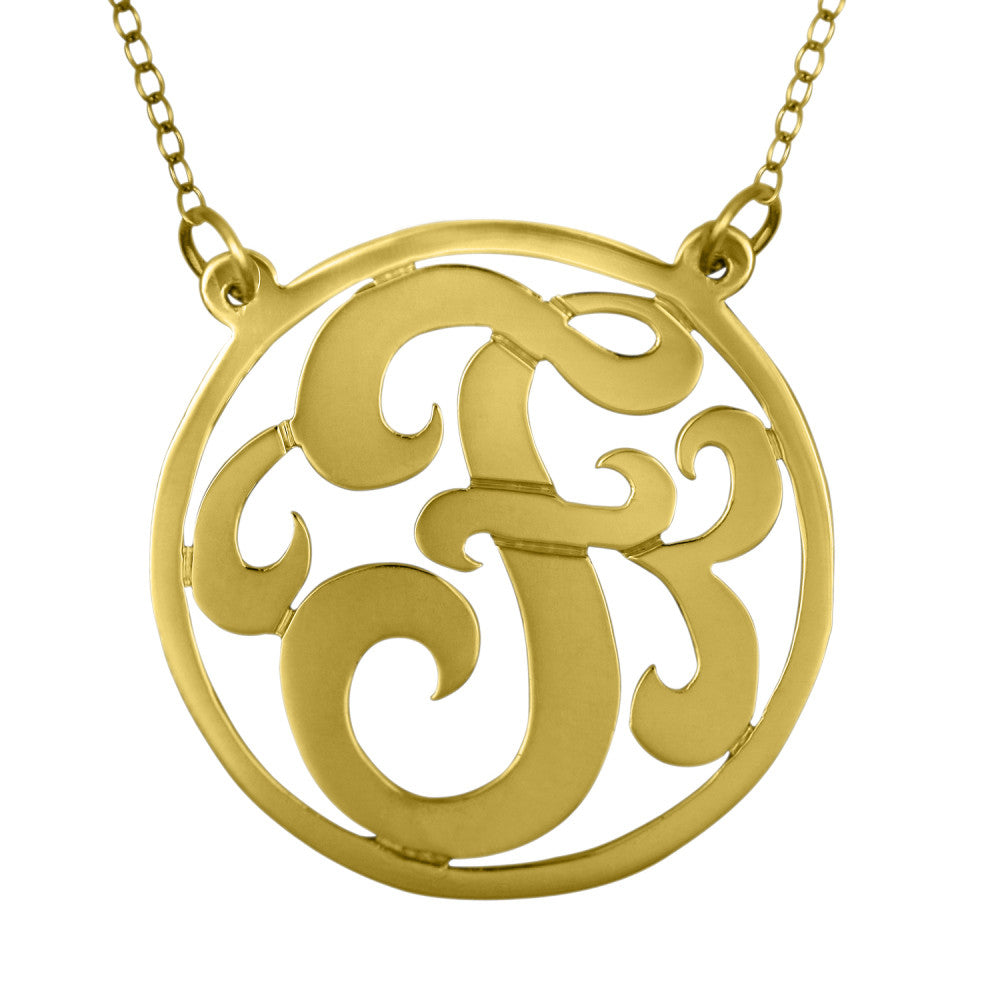 24K Gold Plated Rimmed Swirly Initial Necklace Split Chain