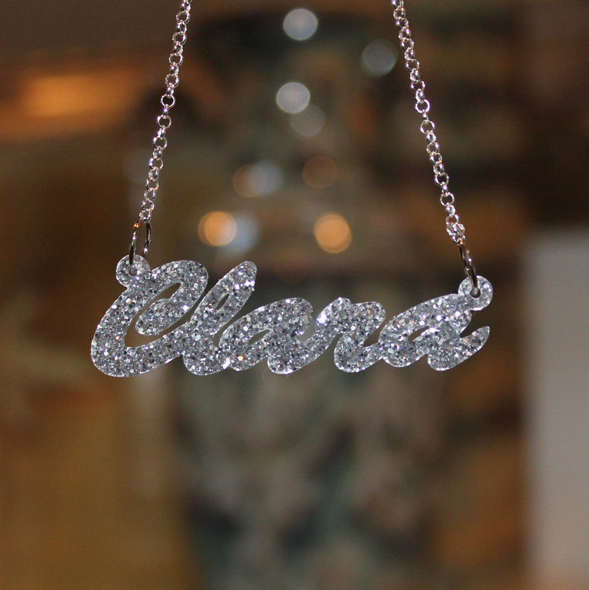 acrylic nameplate necklace silver glitter
