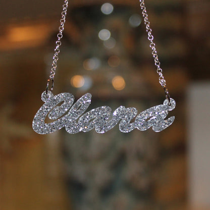 acrylic nameplate necklace silver glitter