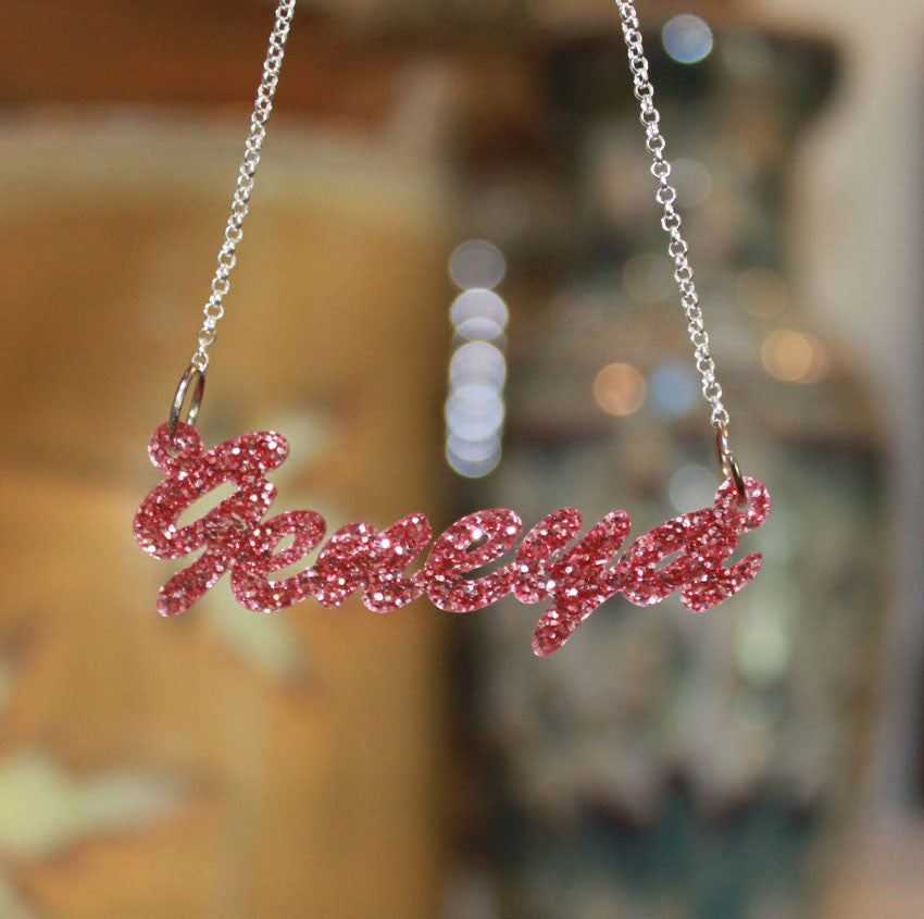 acrylic name necklace cursive pink glitter