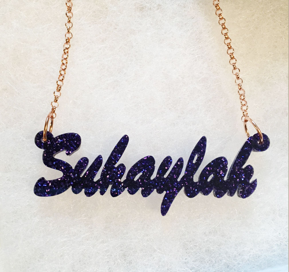 Cursive Acrylic Nameplate Necklace - Purple Glitter