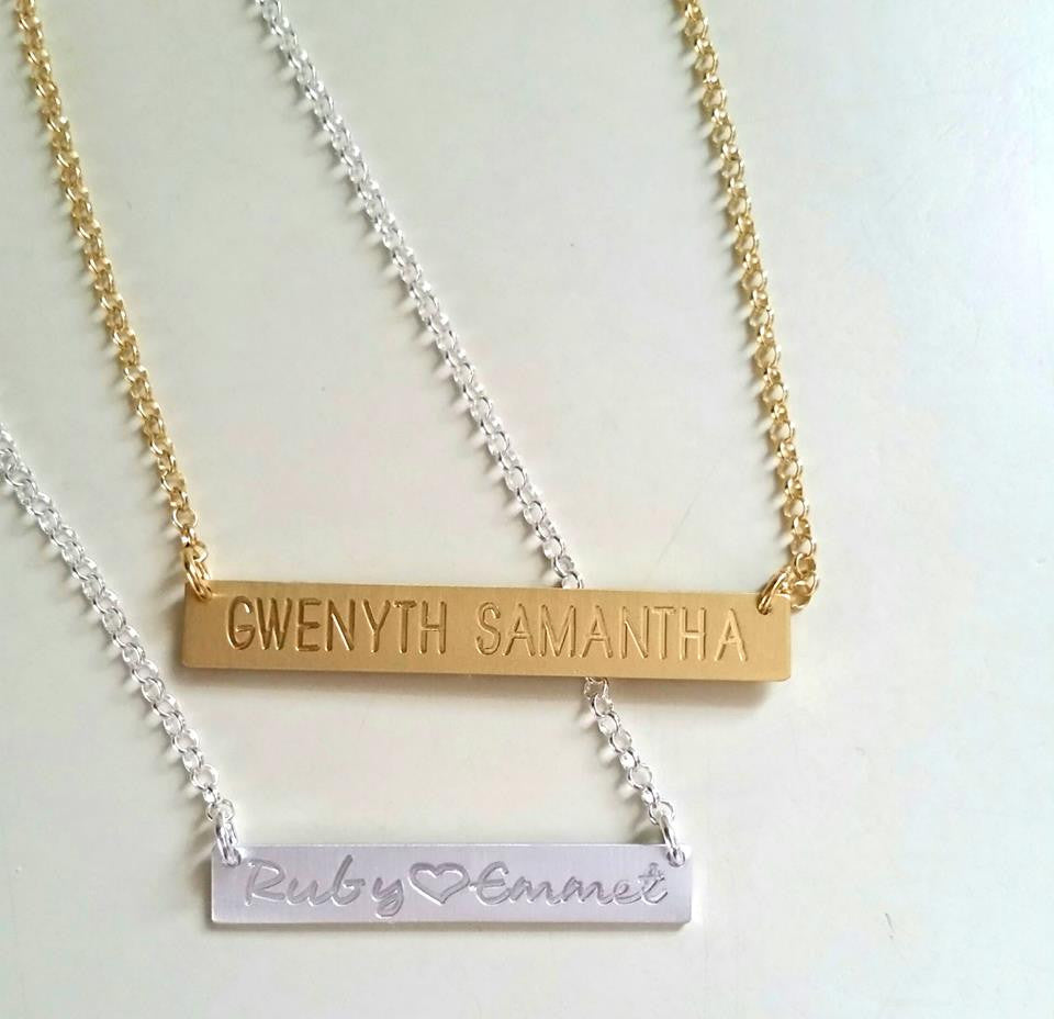 Engraved Gold Bar Necklace - medium and large