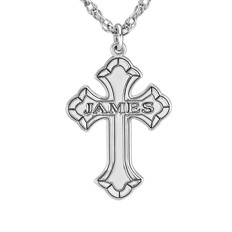 Men's Beveled-Edge Engravable Cross Necklace Sterling Silver 22