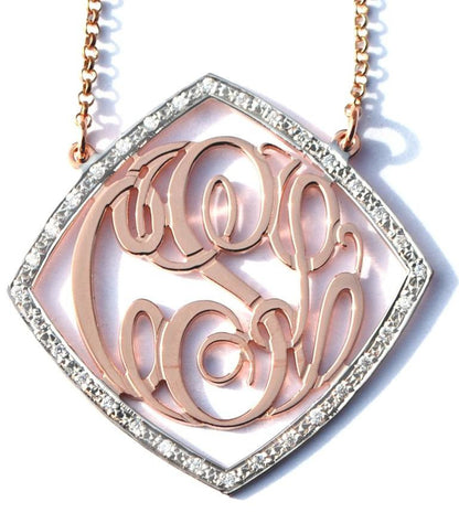 Gold Cz Rimmed Monogram Necklace Diamond Shape