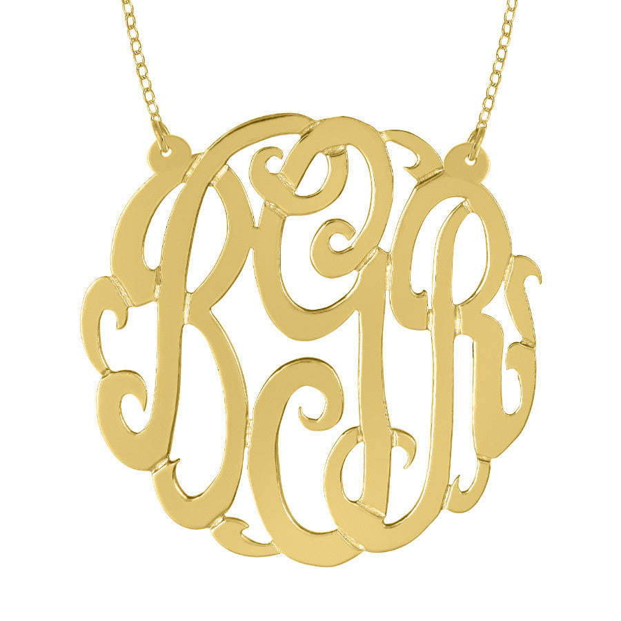 24K Gold Plated Fancy Script Monogram Necklace Split Chain Alternate 1