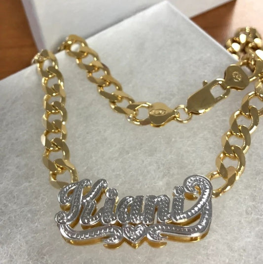 Double Plated Nameplate Necklace on Thick Cuban Chain 3