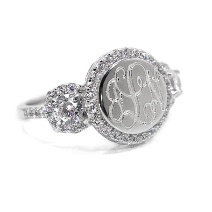 Sterling Silver Round CZ Rimmed Monogram Ring with Ornate Band