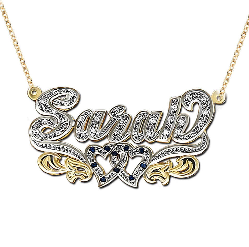 3D Double Plated CZ Nameplate Necklace - Two Hearts