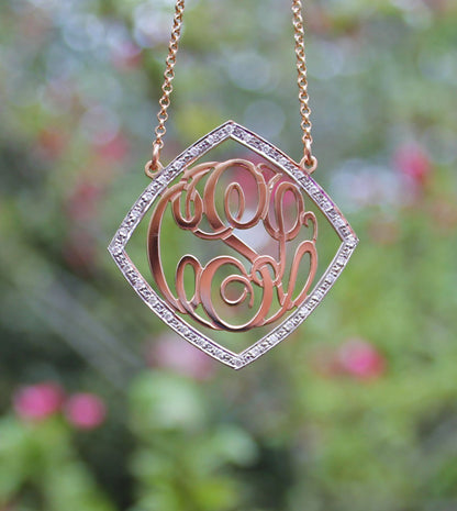 cz rimmed rose gold monogram necklace